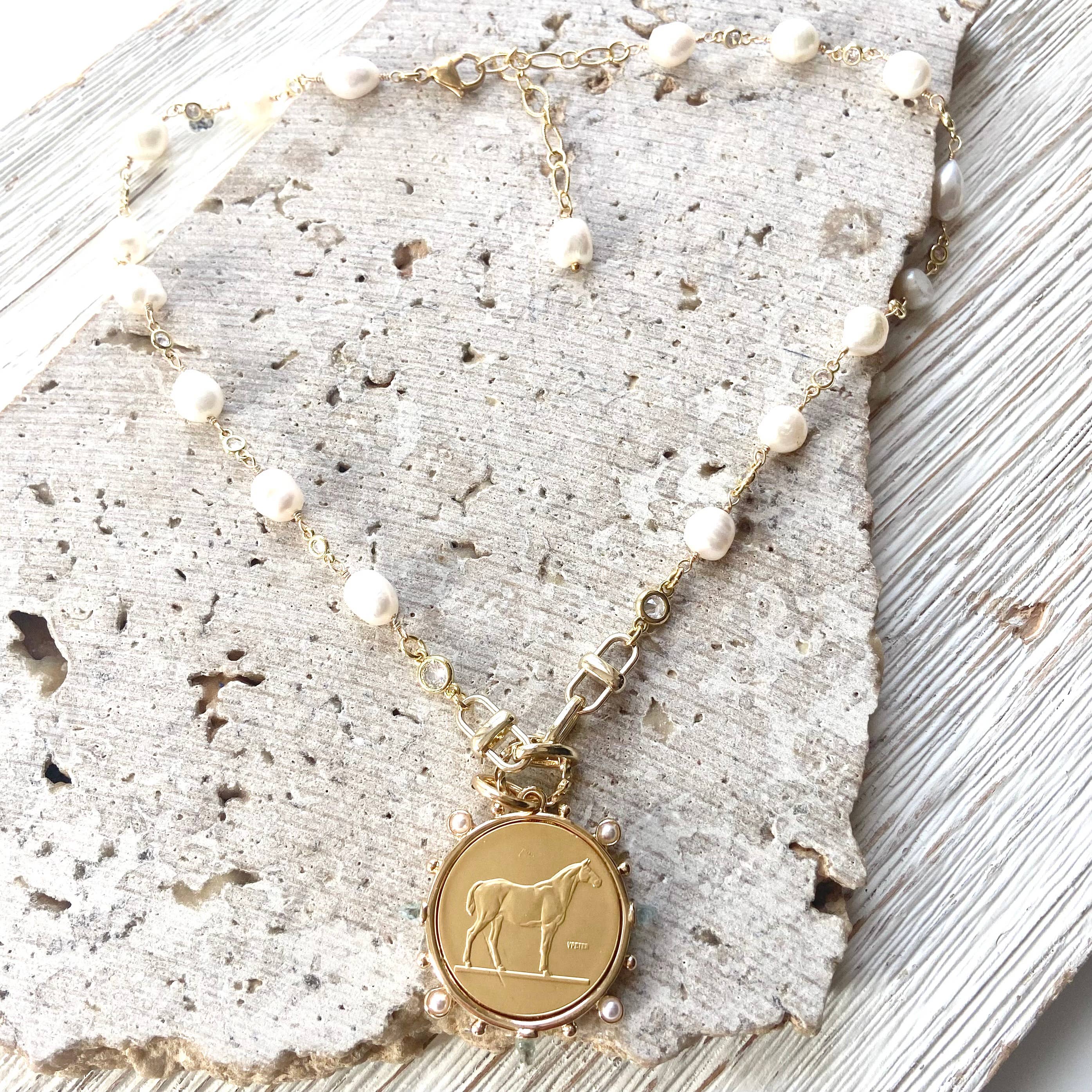 Freshwater Pearl Horse Coin Necklace - Gold