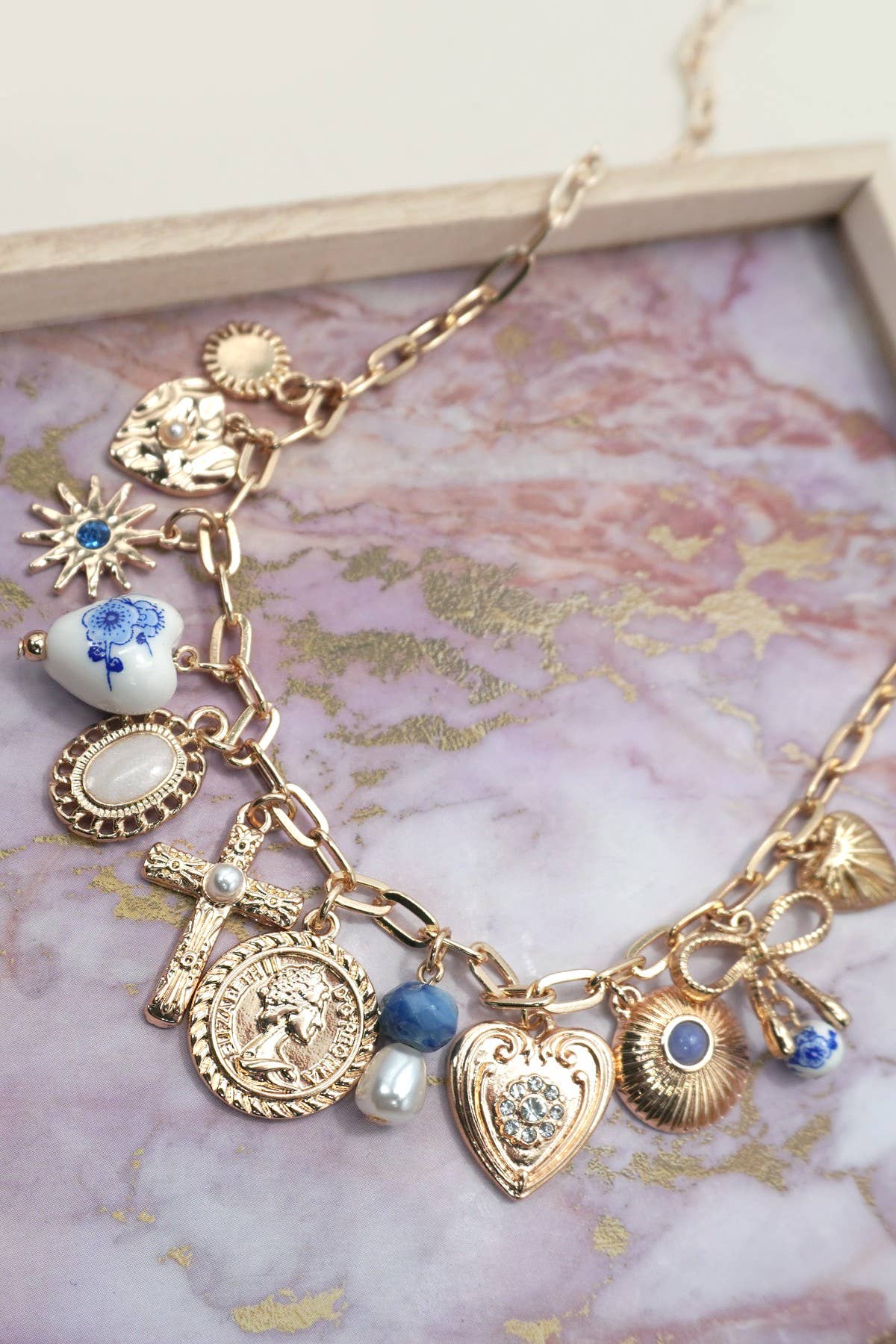Blue Porcelain + Pearl Cross Charm Necklace