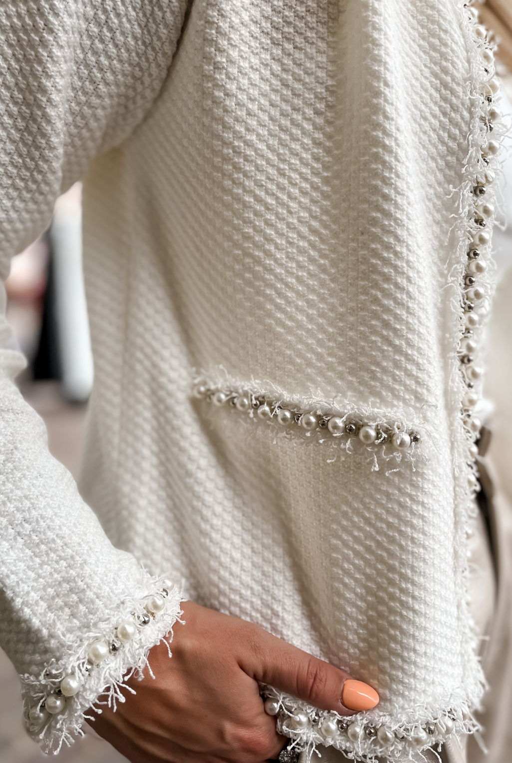 Frayed Pearl Cardigan - White