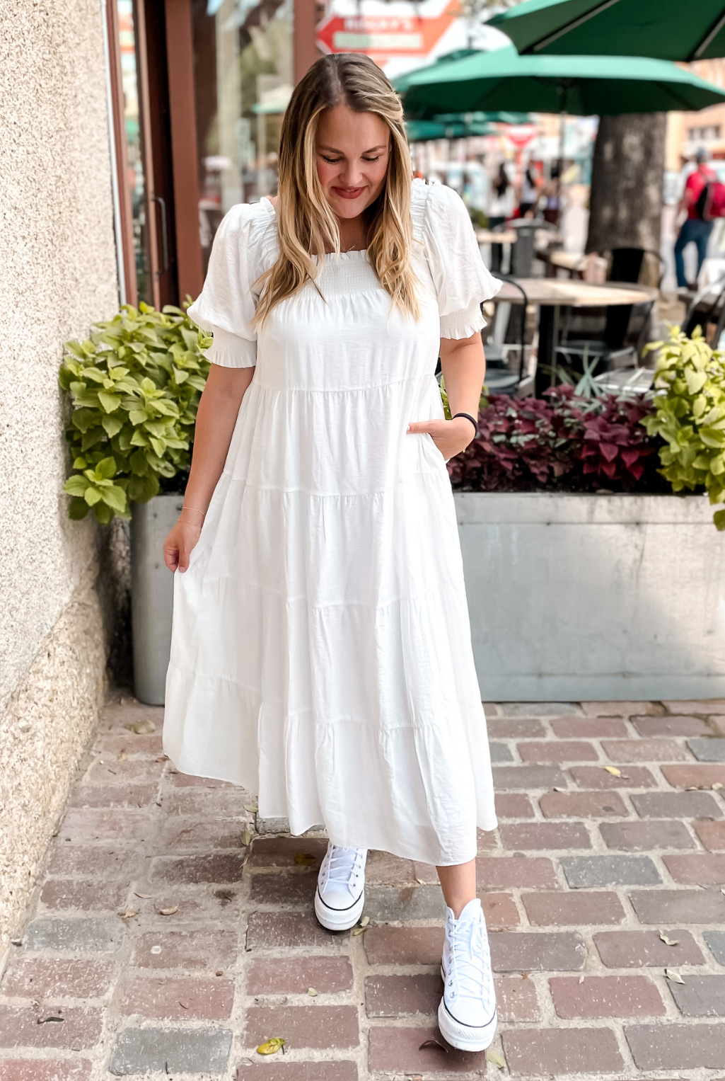 Smocked Baby Doll Maxi White Tucker Brown