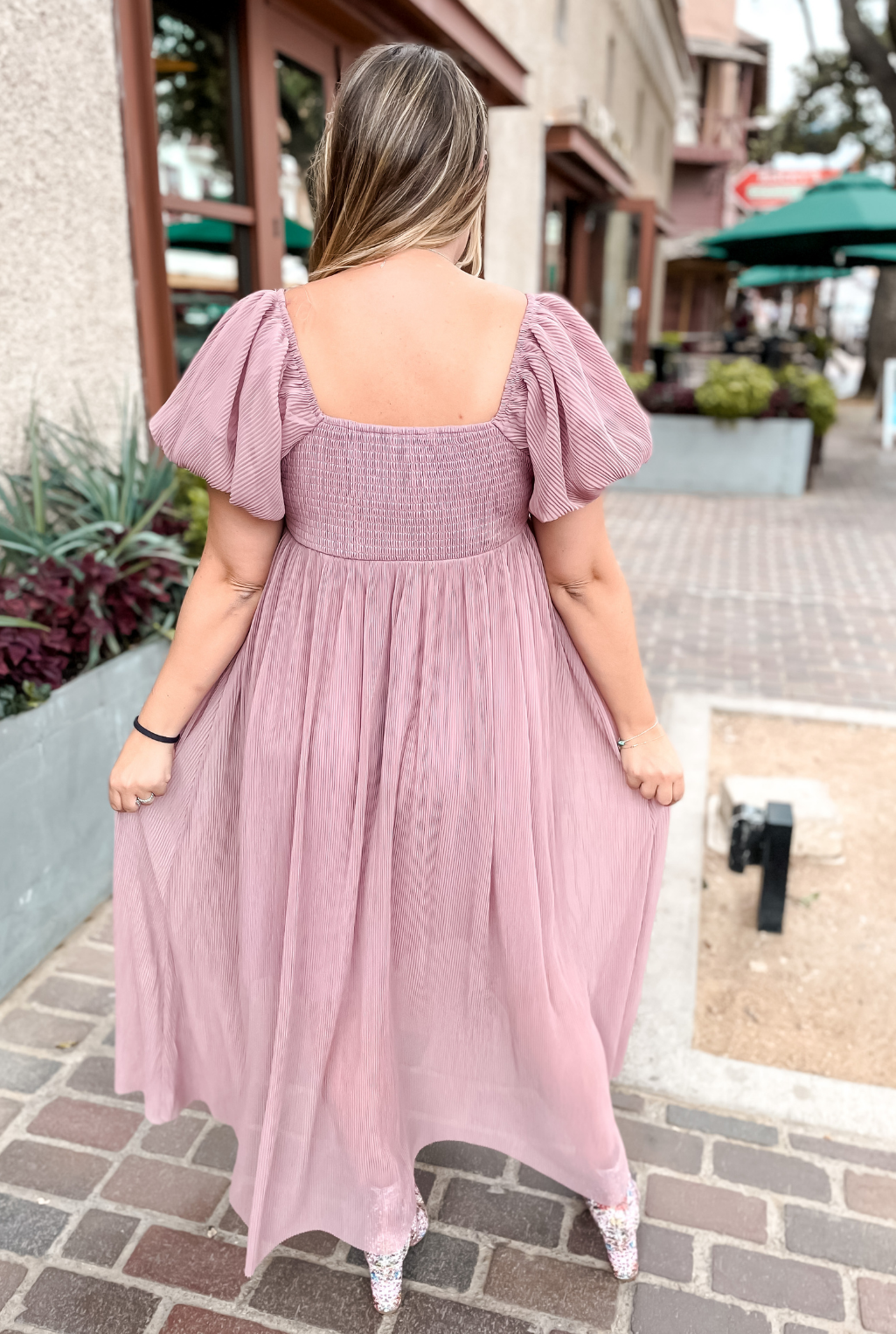 Pleated Square Neck Dress - Mauve