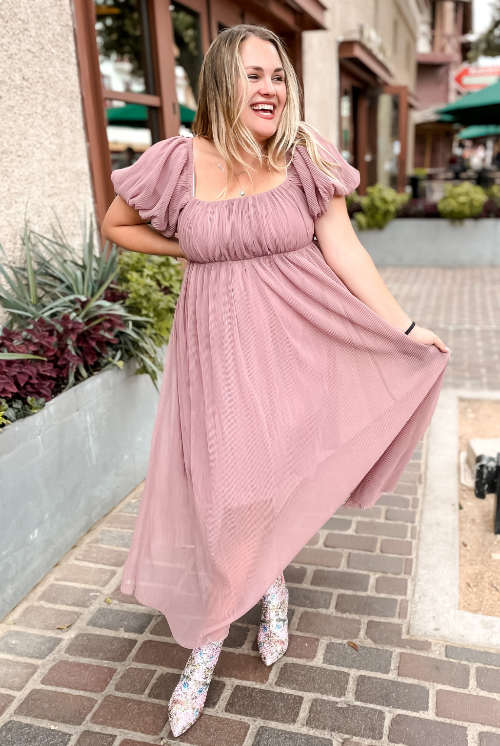 Pleated Square Neck Dress - Mauve