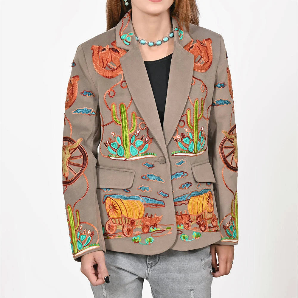 Wagon Wheel Embroidered Blazer - Taupe