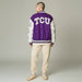 Tucker Brown purple TCU sequin bomber jacket with white textured sleeves and rhinestone accents on a model