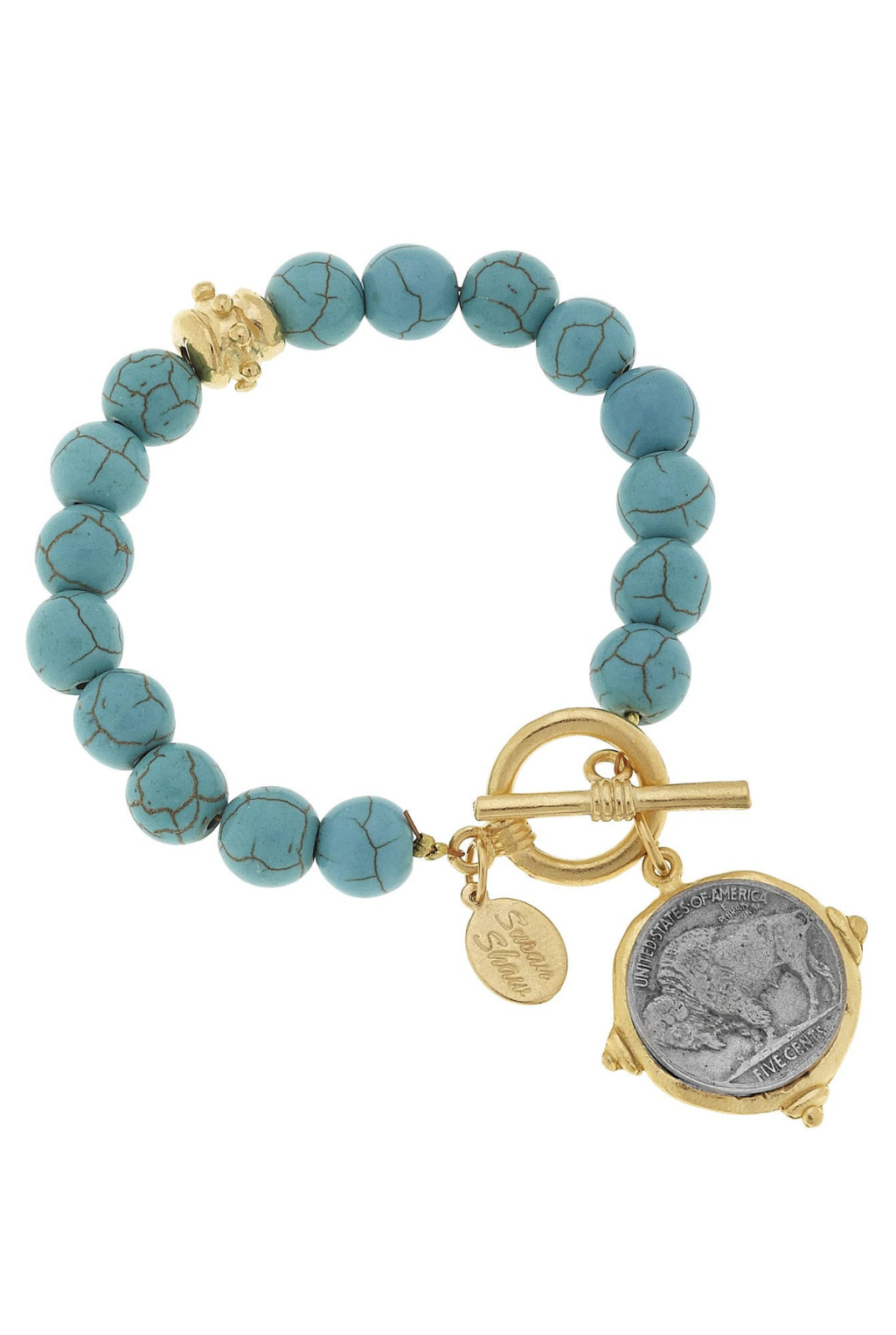 Gold and Silver Genuine Buffalo Nickel on Turquoise Bracelet