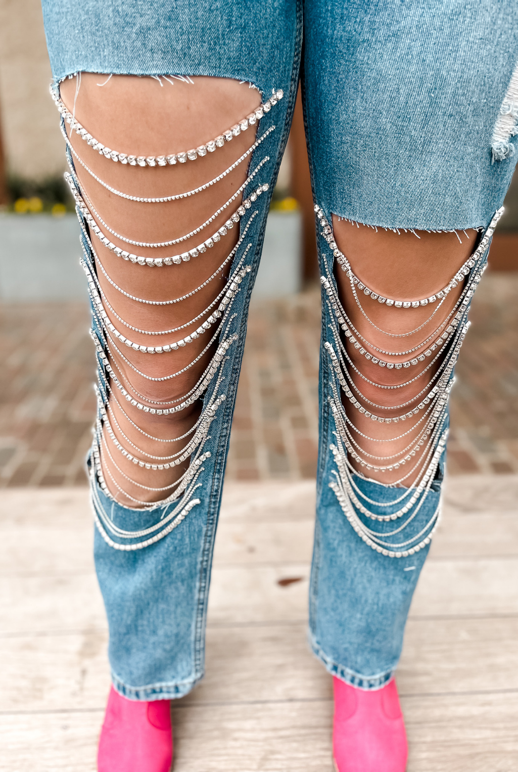 Rhinestone Ripped Jeans - Medium Denim