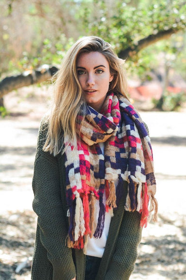 Patchwork Woven Scarf - Purple/Fuchsia/Tan - Tucker Brown