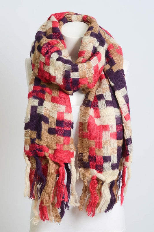 Patchwork Woven Scarf - Purple/Fuchsia/Tan - Tucker Brown