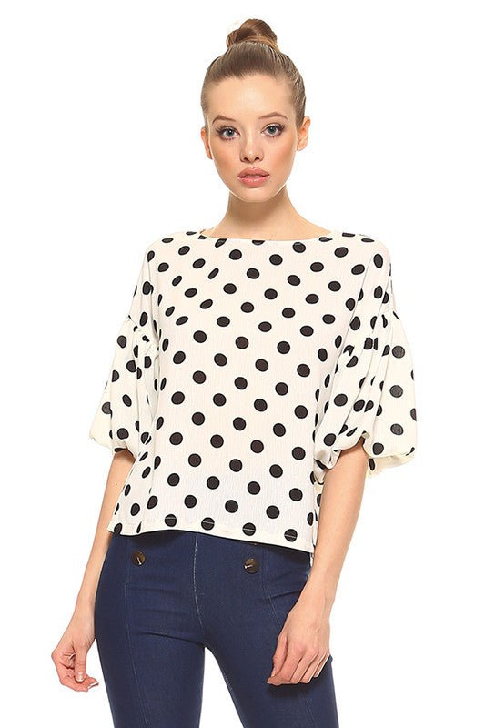 Audrey Puff Sleeve Polka Dot Top - White/Black - Tucker Brown