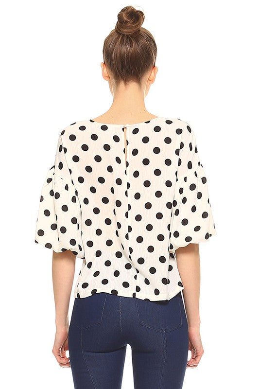 Audrey Puff Sleeve Polka Dot Top - White/Black - Tucker Brown