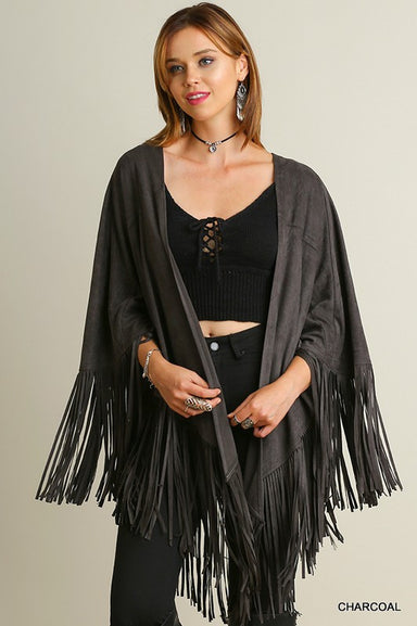 Suede Fringe Arm Hole Wrap - Charcoal - Tucker Brown
