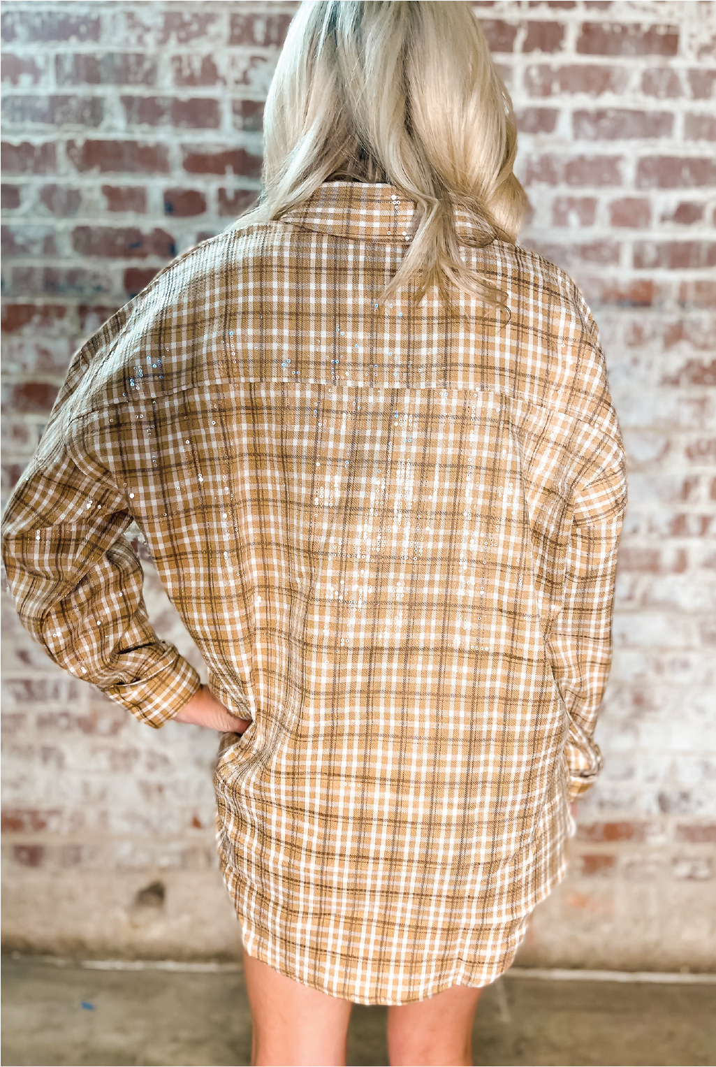 Casual Plaid Sequin Shirt - Camel