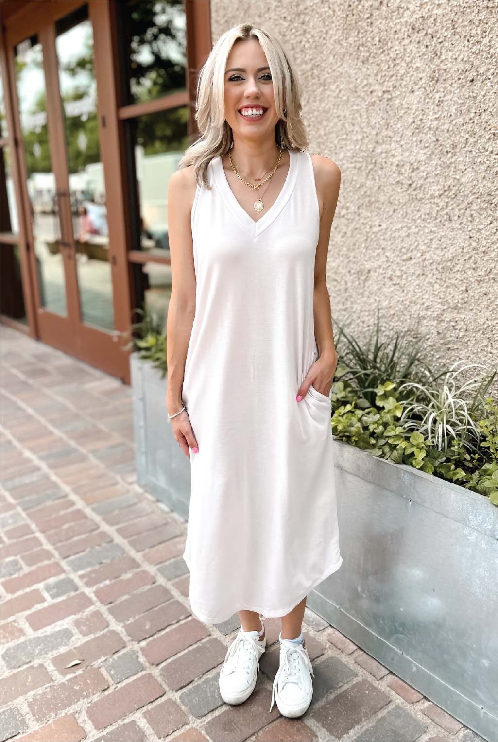 Adeline V Neck French Terry Dress - Ivory