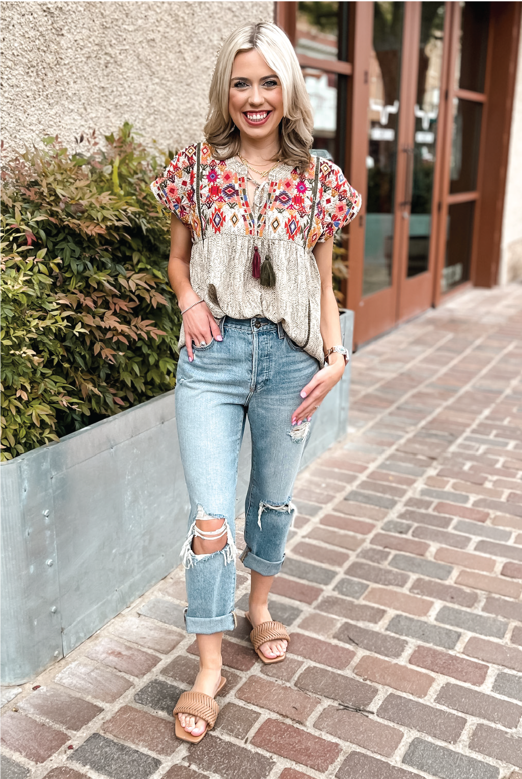 Yuma Embroidered Babydoll Blouse - Natural