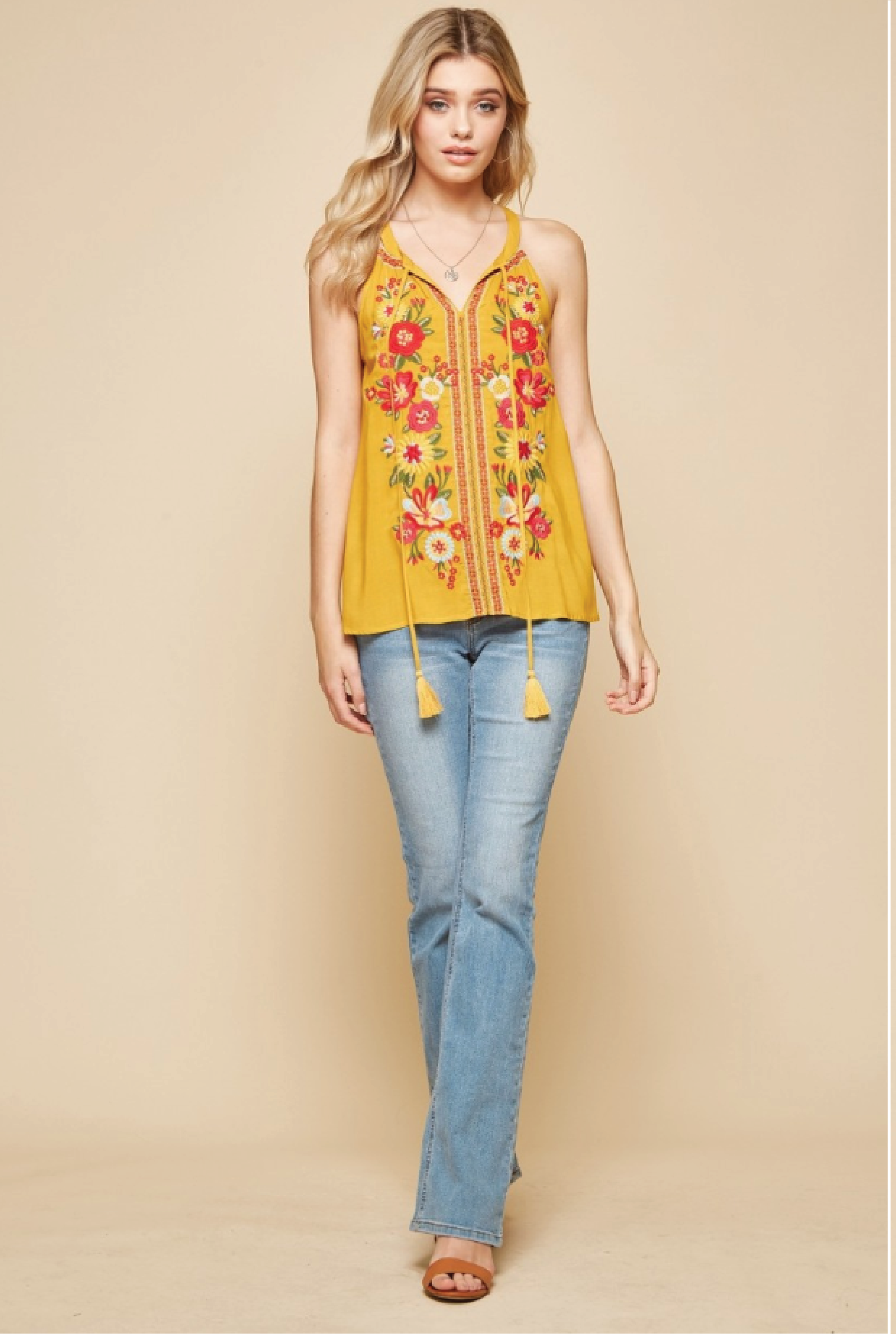 Carnation Embroidered Tank - Mustard - Tucker Brown